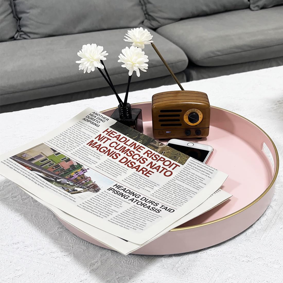 13" Pink Serving Tray with Handles,Round Decorative Tray for Coffee Table, Plastic Modern Coffee Table Tray for Ottoman, Living Room, Bathroom, Décor.