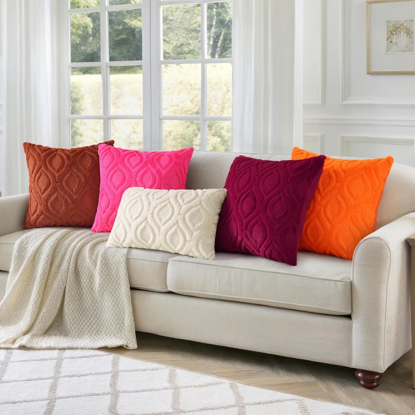 decorUhome Fall Throw Pillow Covers 22x22 Inch Set of 2, Soft Plush Decorative Faux Fur Rust Solid Couch Pillow Covers, Accent Farmhouse Neutral Square Euro Pillow Cases for Sofa Bed Living Room