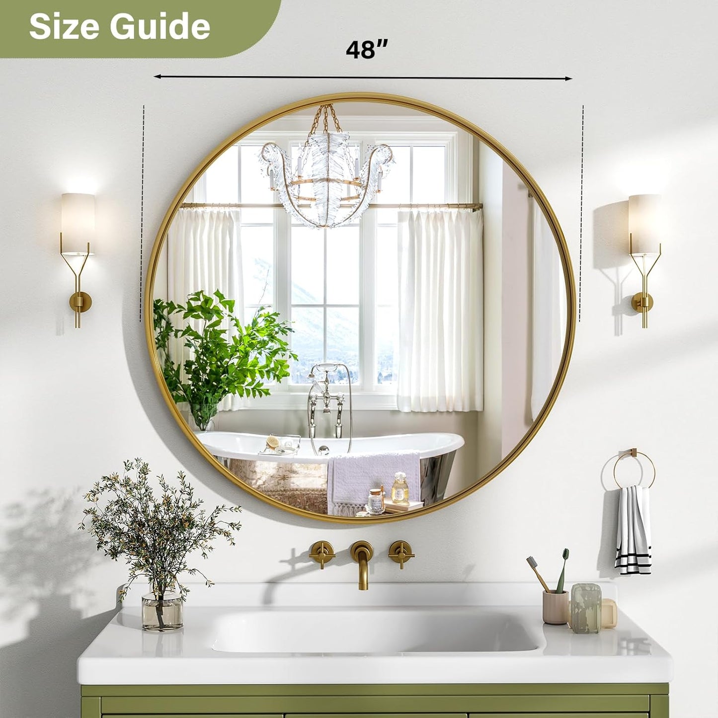 48 Inch Round Bathroom Mirror - Wall Mounted Circle Mirror with Metal Frame, Modern Mirror Suitable for Bathroom, Vanity, Entryway, Living Room, Wall Decor,Gold