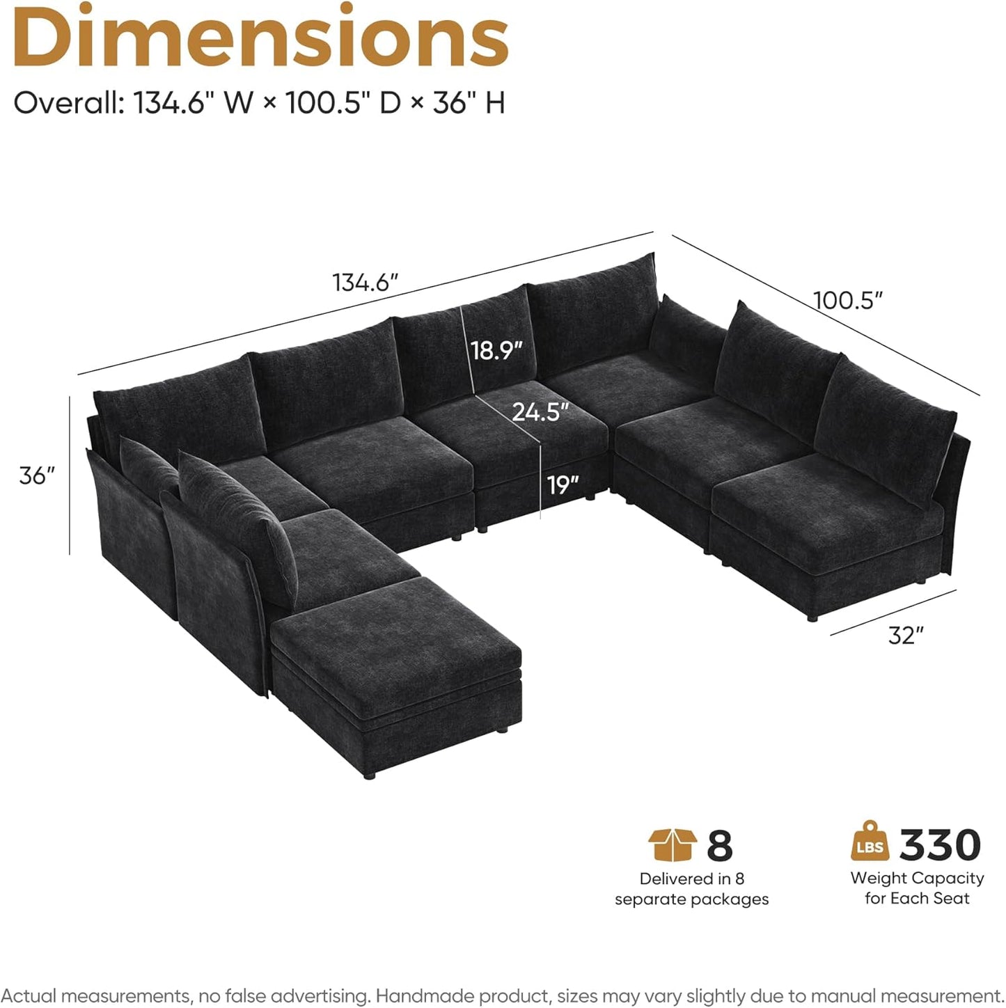 134.6" Modular Sectional Sofa, U Shaped Couch Set for Living Room, Large 8-Seater Comfy Cloud Couches with Movable Storage Ottoman,DIY Combination - Chenille Black