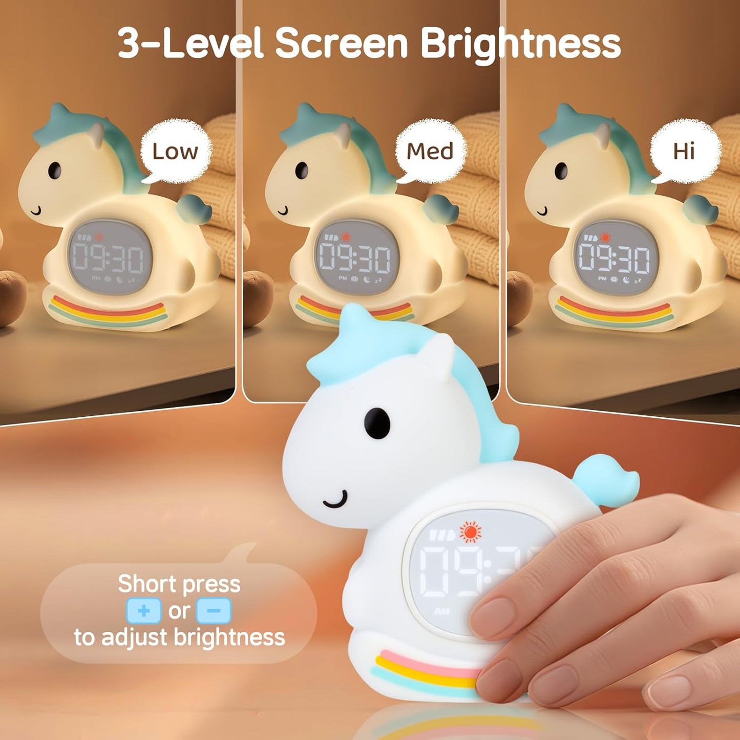 Alarm Clock for Kids with Night Light, Sleep Training Clock Time to Wake Clock, Rechargeable Silicone Light for Bedroom, Perfect Sleep Companion for Boys Girls, Blue Pony