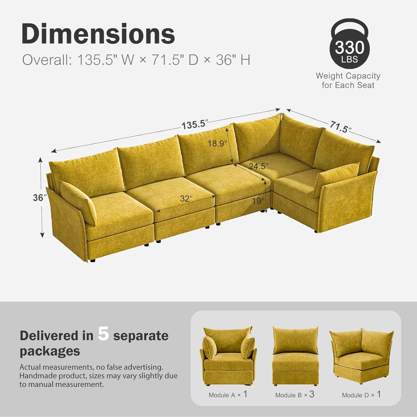 135.5" Oversized Modular Sectional Sofa, L Shaped Convertible Couch with Movable Ottoman, 5 Seat Corner Couches for Living Room Deep Seat Yellow Chenille