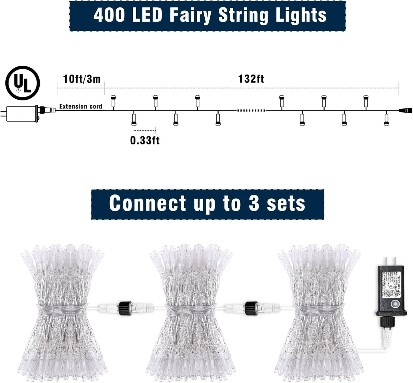 132FT 400 LED Christmas Lights Outdoor, 8 Modes Clear Wire Christmas String Lights Indoor, Plug in Twinkle Fairy Light for Bedroom Wedding Tree Party Decorations, Warm White