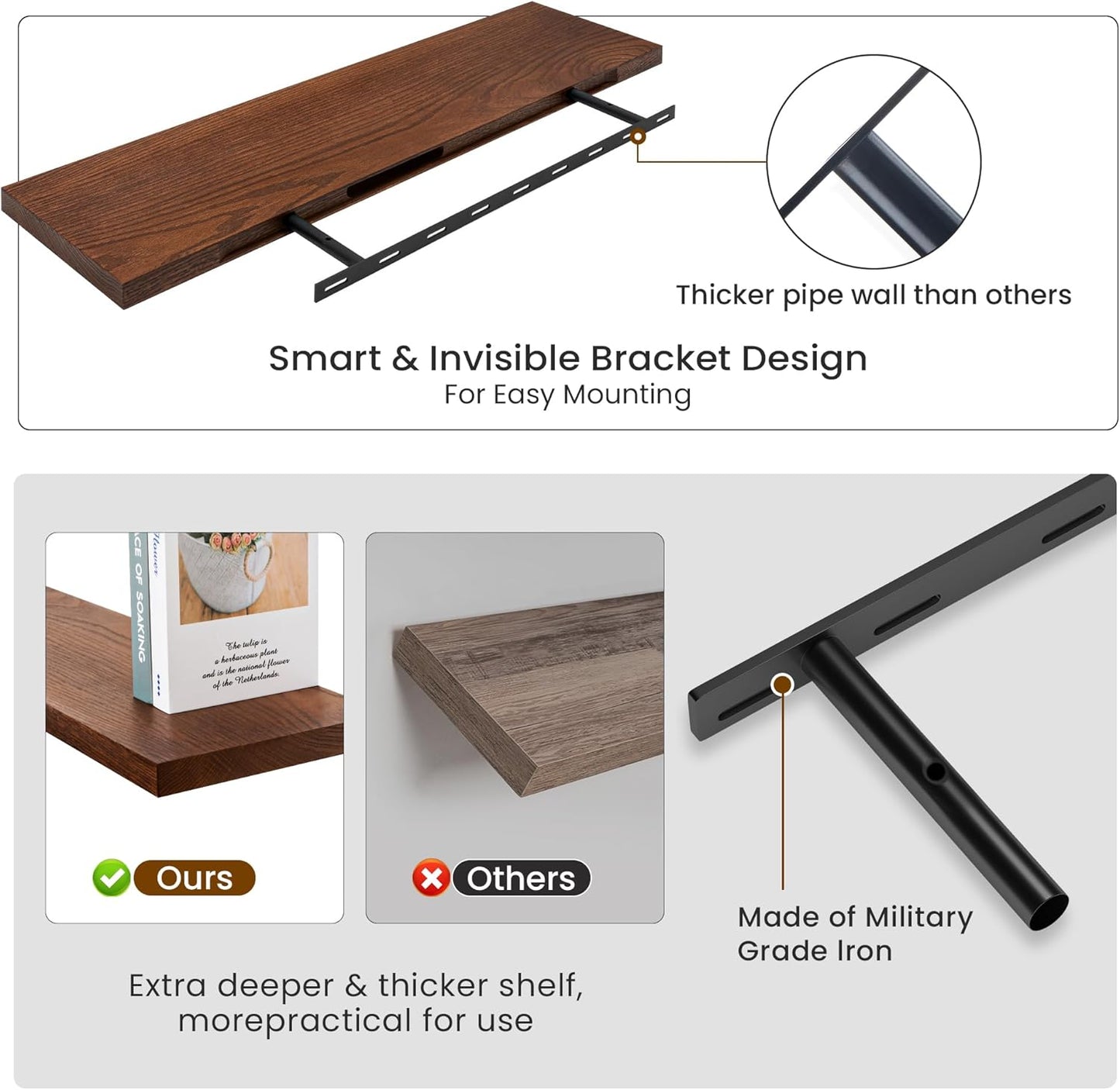 Fun Memories Solid Oak Wood Floating Shelves, 9.3 Inch Deep Natural Wood Shelf with Invisible Heavy Duty Bracket for Bathroom Bedroom Kitchen - 36inch Set of 2, Walnut