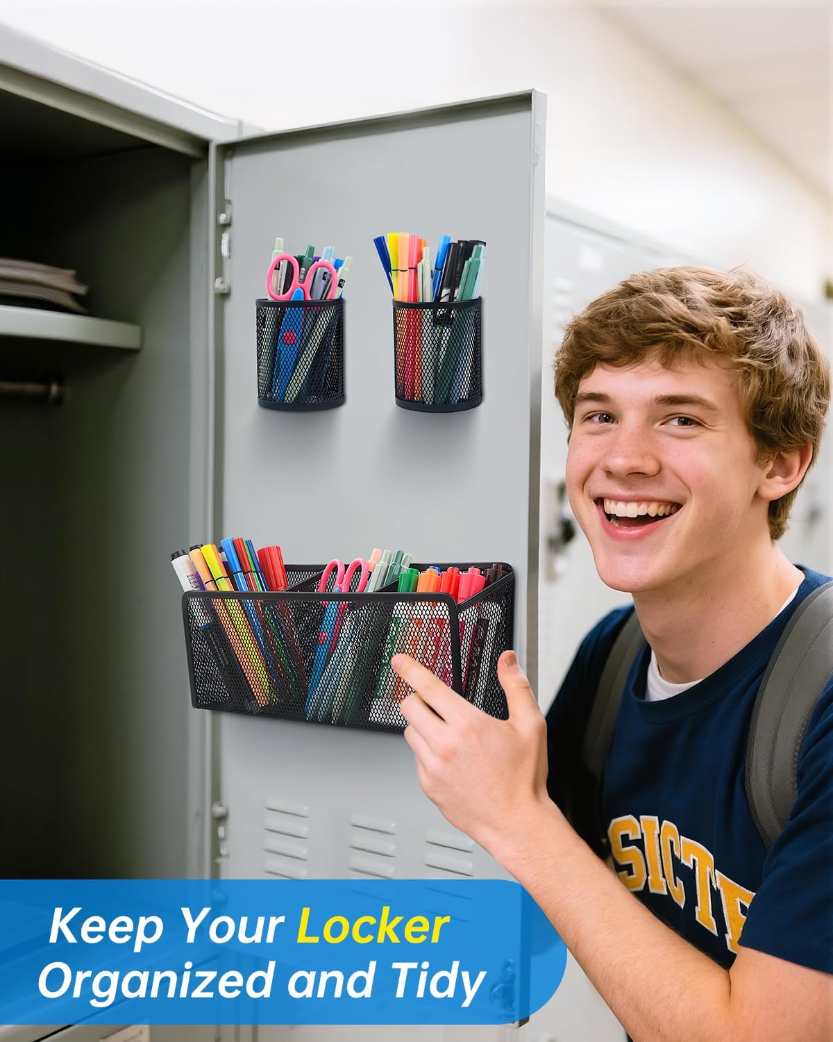 VICNOVA Magnetic Pencil Holder - Metal Pen Holder with Strong Magnets - Storage Basket Organizer for Whiteboard, Refrigerator, Locker Accessories