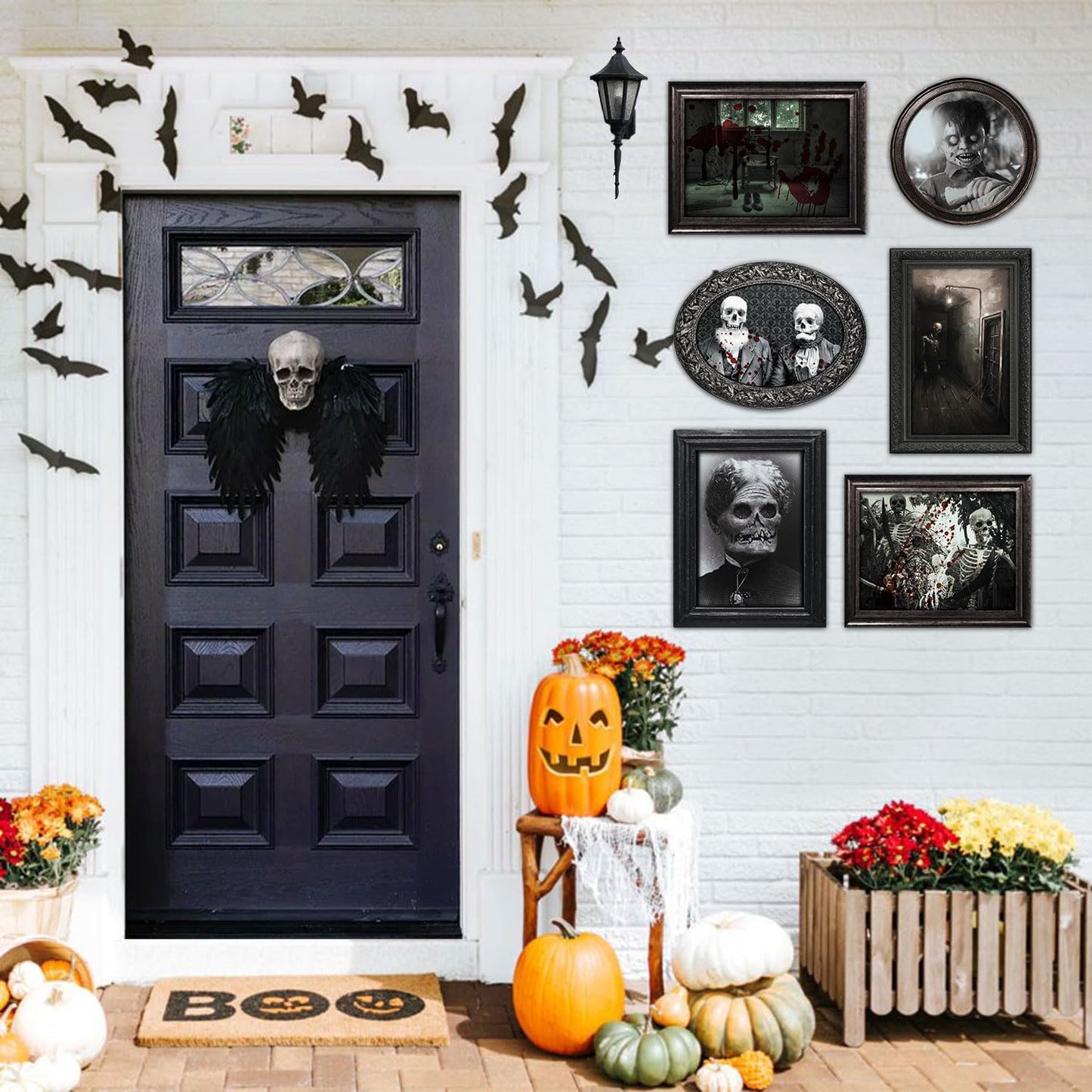 15 Halloween Gothic Creepy Skull Photos Haunted Horror Picture Frame, Waterproof Durable, with 80pcs Self Adhesive Dots,Creepy Photo Decoration For Haunted Family Castle Masquerade Party Black