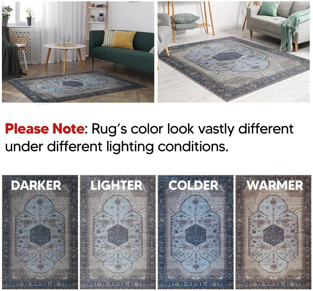 Keen Home Design 5x7 Rug - Machine Washable Area Rug with Non-Slip Backing, Ideal for Living Room, Dining Room, Bedroom - Vintage, Easy Clean, Durable, Low Pile Rug - (5' x 7')