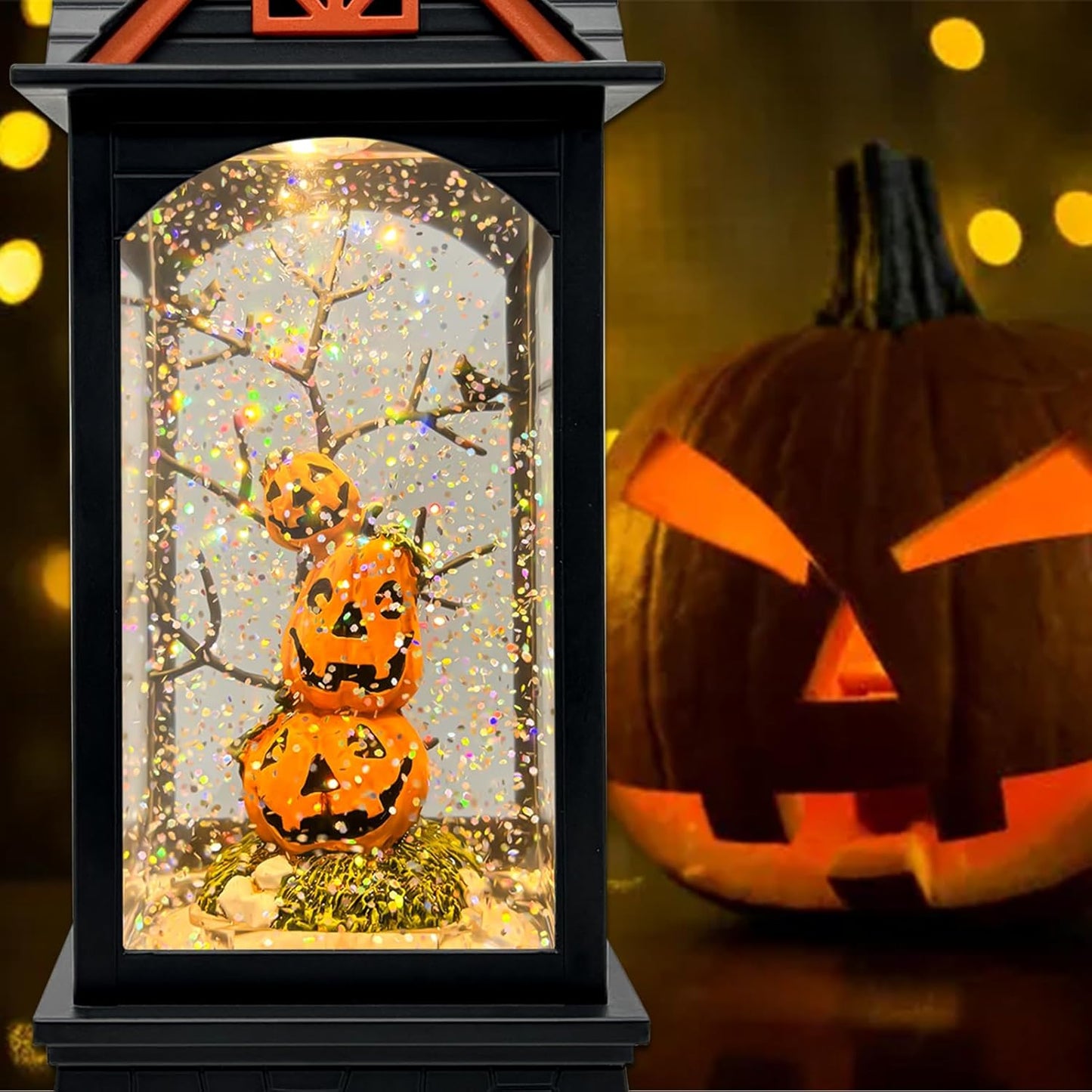 Halloween Snow Globe Lantern with 6 Hour Timer,Halloween Decorations Indoor for Home,Halloween Decor,USB or Battery Powered for Halloween Lanterns,Halloween Pumpkin Lantern