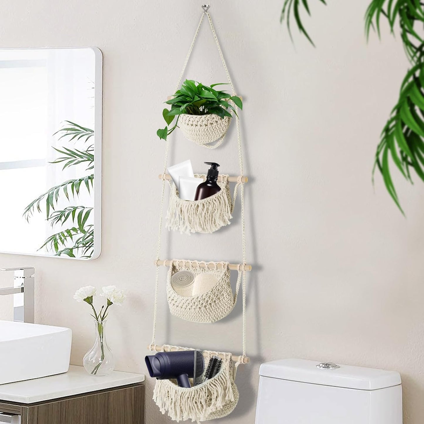 4 Tier Hanging Fruit Basket for Kitchen, Beige Boho Cotton Rope Crocheted Fruit Holder for Bathroom Bedroom, Detachable Wall Hanging Basket Shelves Over Door Organizer for Fruits Veggie Plant Decor