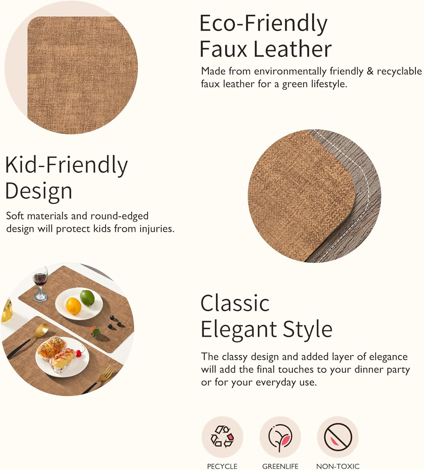 Maxpearl Faux Leather Placemats Set of 6 - Waterproof - Wipe Clean - Heat Resistant - Anti Slip Dining Table Place Mats, Suitable for Indoor & Outdoor Use, 17’’×12’’, Brown