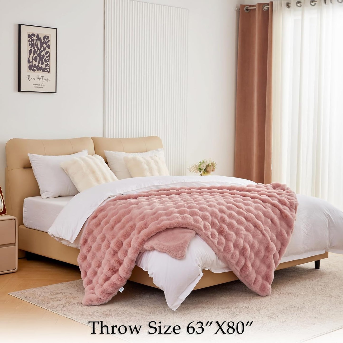 BENVWE Faux Fur Throw Blanket for Couch Bed - Fluffy Soft Thick Bubble Blanket for Living Room Home Decor - Mothers Day Birthday Gifts for Women, Dusty Pink, 63" x 80"