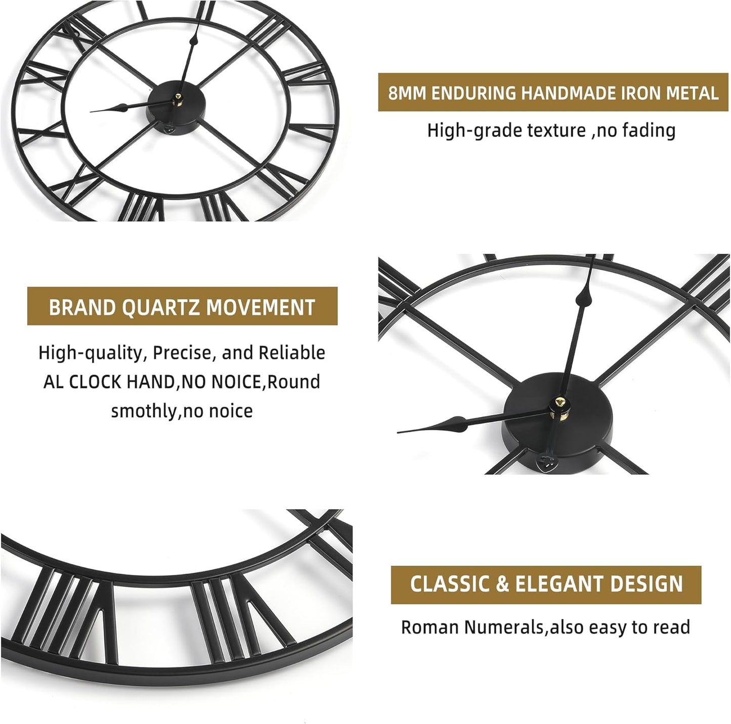 Large Wall Clock - 40cm/ 16 Inches Silent Non-Ticking Metal Wall Clock, Black, Vintage Modern Style, Battery Operated, Ideal for Living Room, Bedroom, Office, Farmhouse Decor