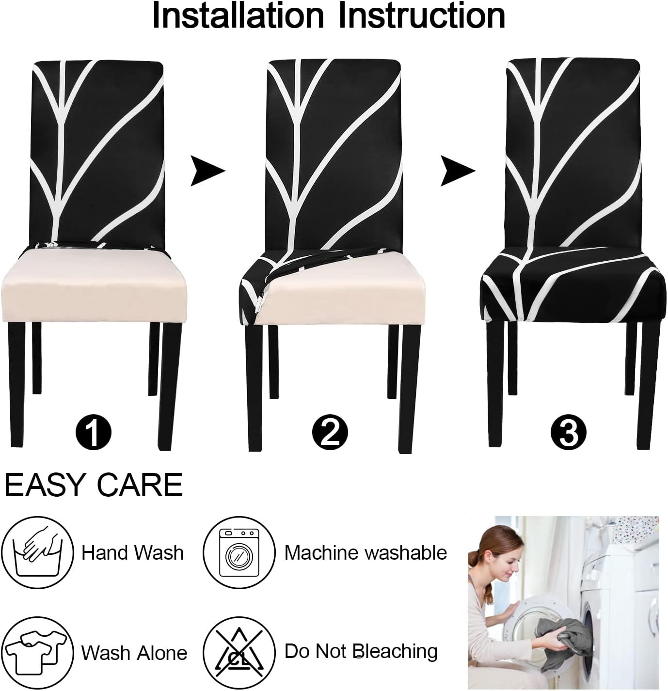 JQinHome Black Chair Covers for Dining Room Set of 6, High Stretch Removable Washable Parsons Chair Slipcover for Home Party Hotel Wedding Ceremony (6PCS, Geometric)