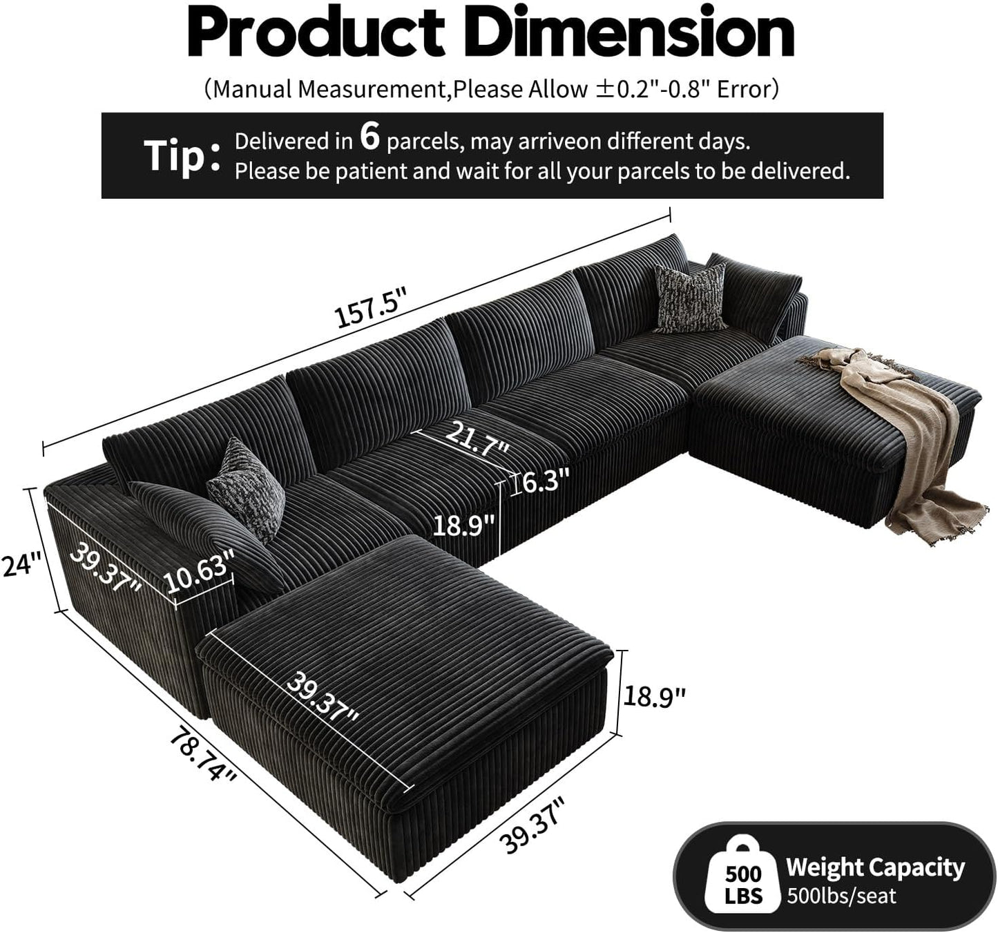 157.5" Cloud Couch Oversized Modular Sectional Sofa for Living Room,Modern Sofa with Deep Seat,U-Shape Boneless Couch with 2 Ottoman,Comfy Upholstered Couches for Apartment, Studio, Office,Black