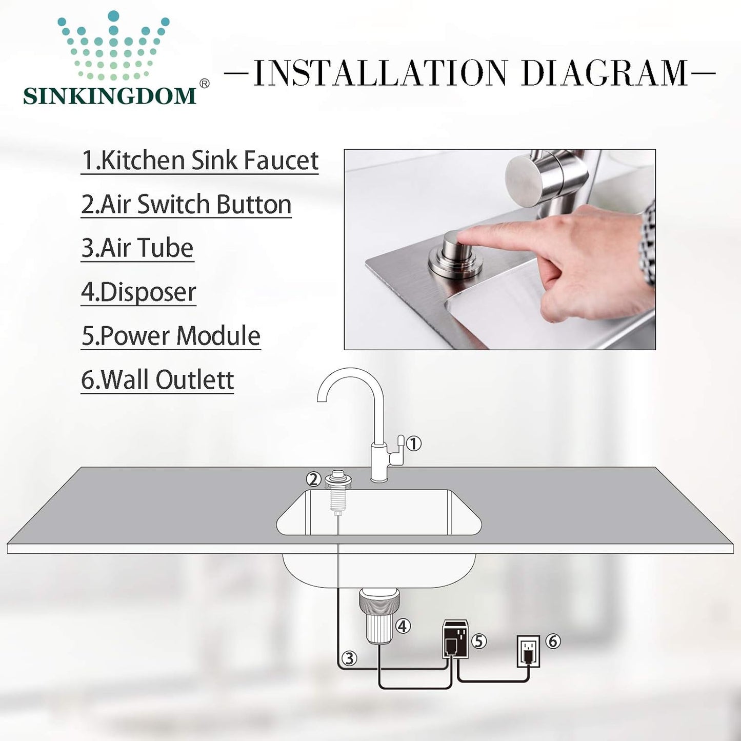 SinkTop Air Switch Kit (Long Full Brass Button) for Disposal, Dual Outlet, (Brushed Nickel)