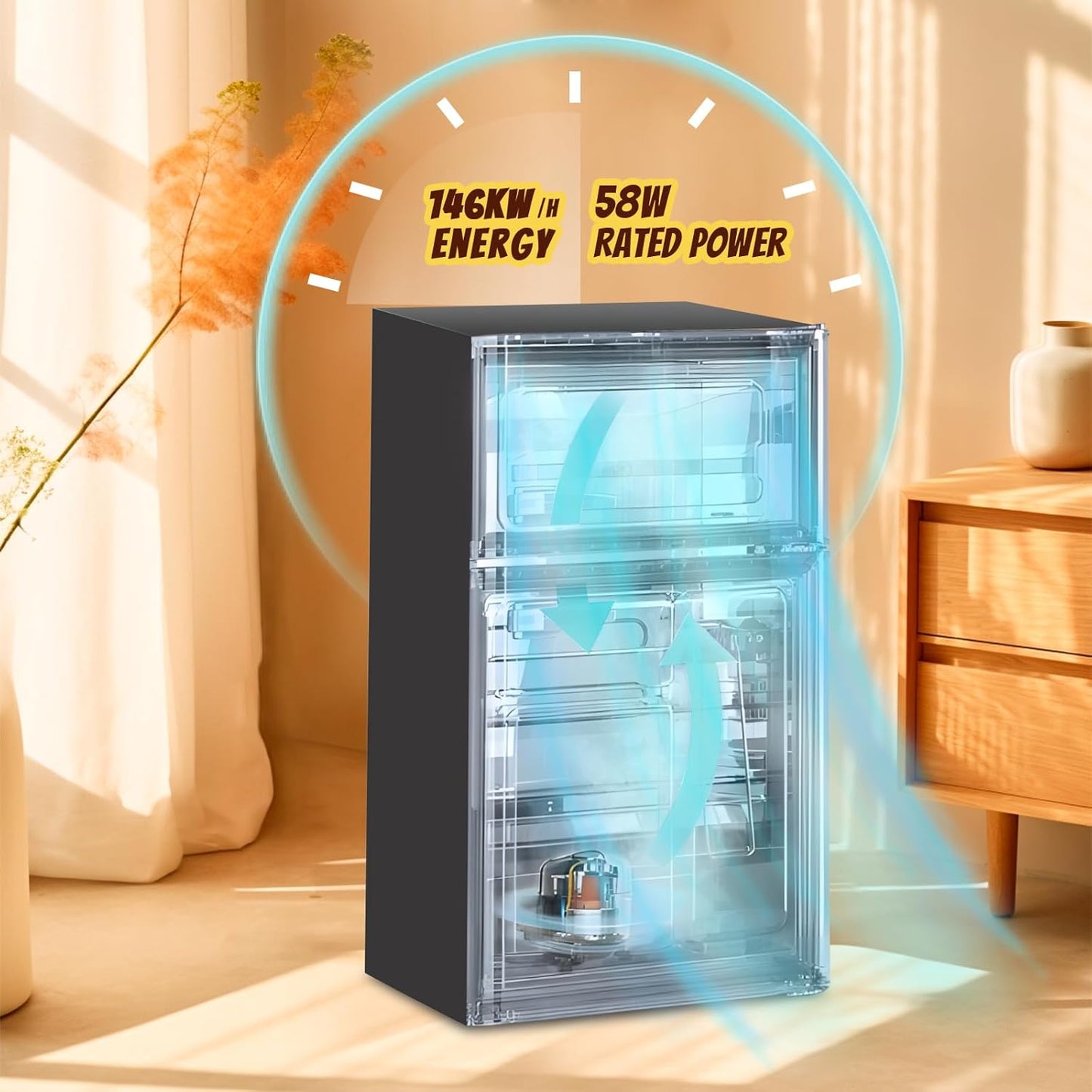 2.4 Cu.ft Mini Fridge with Freezer Compact Fridge Refrigerator Dual Door Small Fridge Senven Temp Gear Removable Shelves Dark Grey