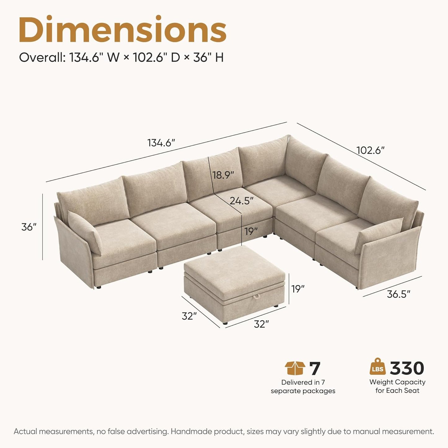 136.4" Oversized Modular Sectional Sofa, L Shaped Convertible Couch with Movable Ottoman, Large 7 Seat Corner Couches for Living Room Deep Seat Beige Chenille