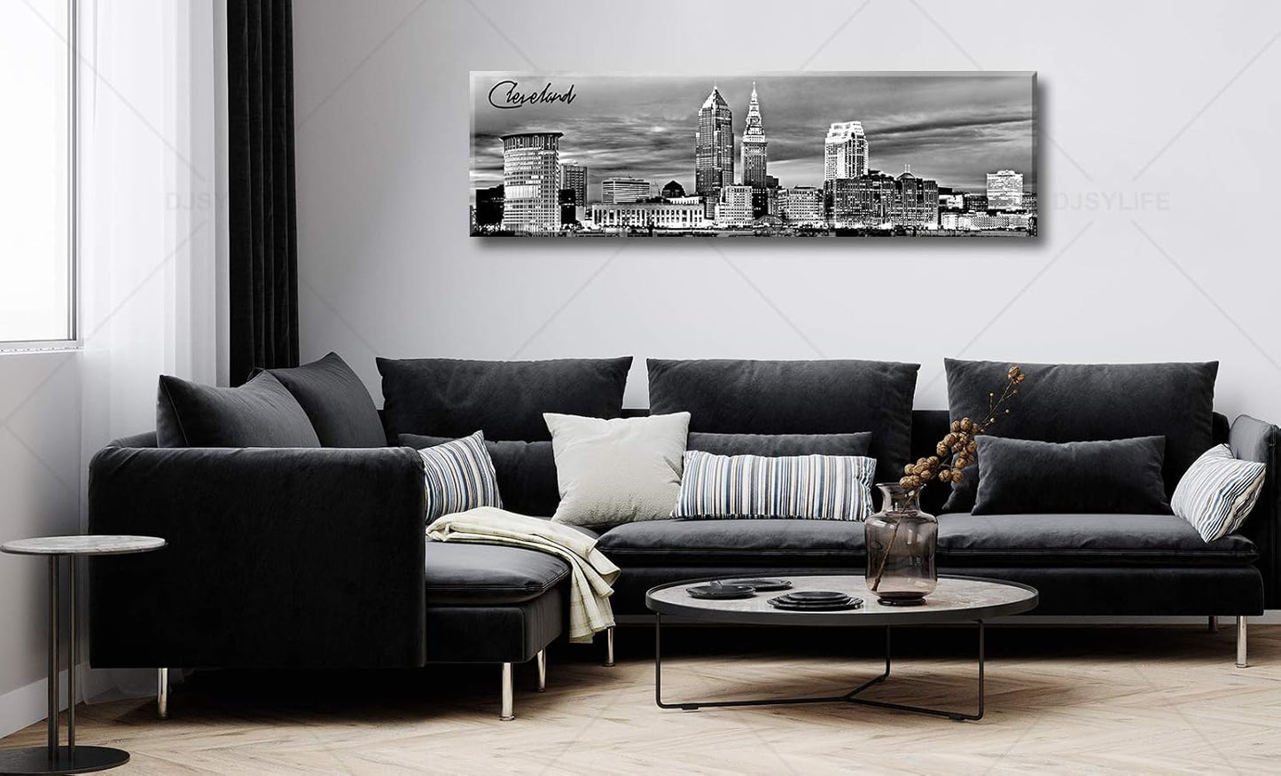 Cleveland Skyline Decor Wall Art Canvas Prints Black and White Night View USA Cityscape Panoramic Painting for Bedroom Office Framed and Ready to Hang 13.8"x47.3"