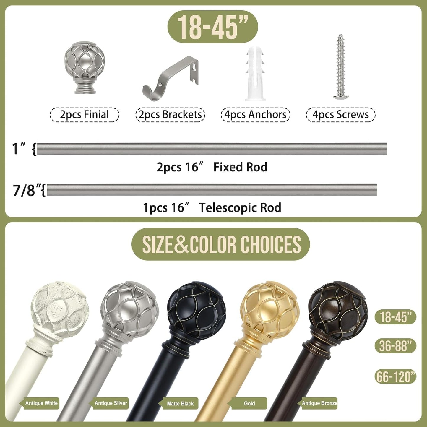 Silver Adjustable Curtain Rods for Windows:18-45 Inch Farmhouse Heavy Duty Curtain Rod for Bedroom Living Room,Boho Decorative Rustic Drapery Rods with Vintage Coastal Finial,Antique Silver