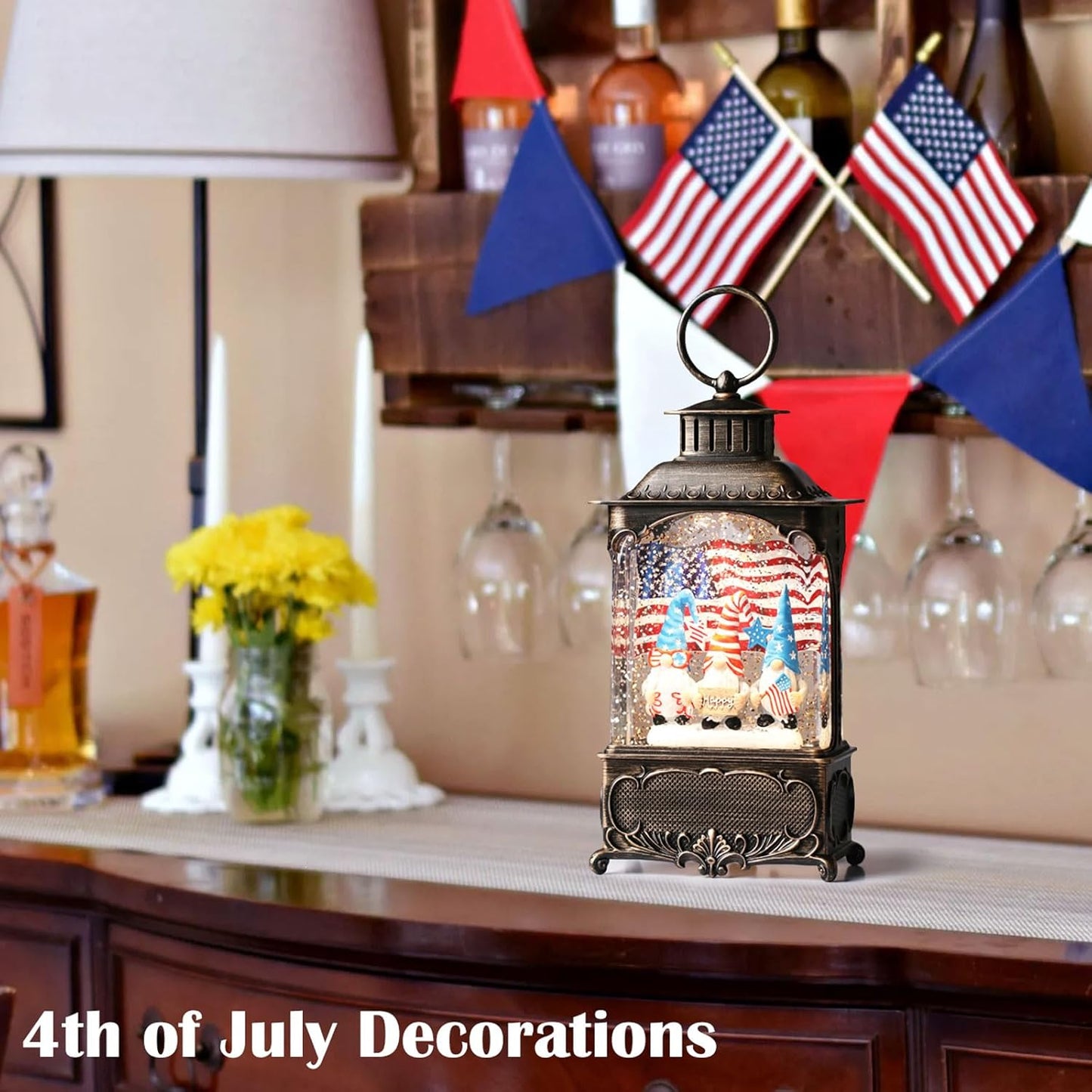 Gnome Snow Globe Lantern 4th of July Decorations with Timer, USB and Battery Powered 4th of July Shirts Patriotic Gnomes and American Flag Independence Day 10.2 inch
