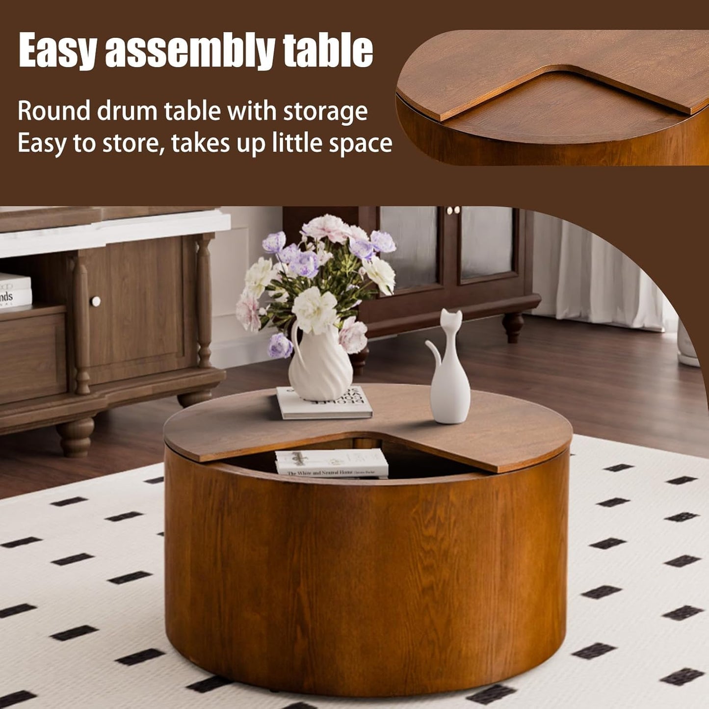 27.16" Drum Coffee Table with Storage Modern Unique Tea Table Contemporary Wood Round Coffee Table with Hidden Storage Centry Table for Living Room、Bedroom、 Office Walnut