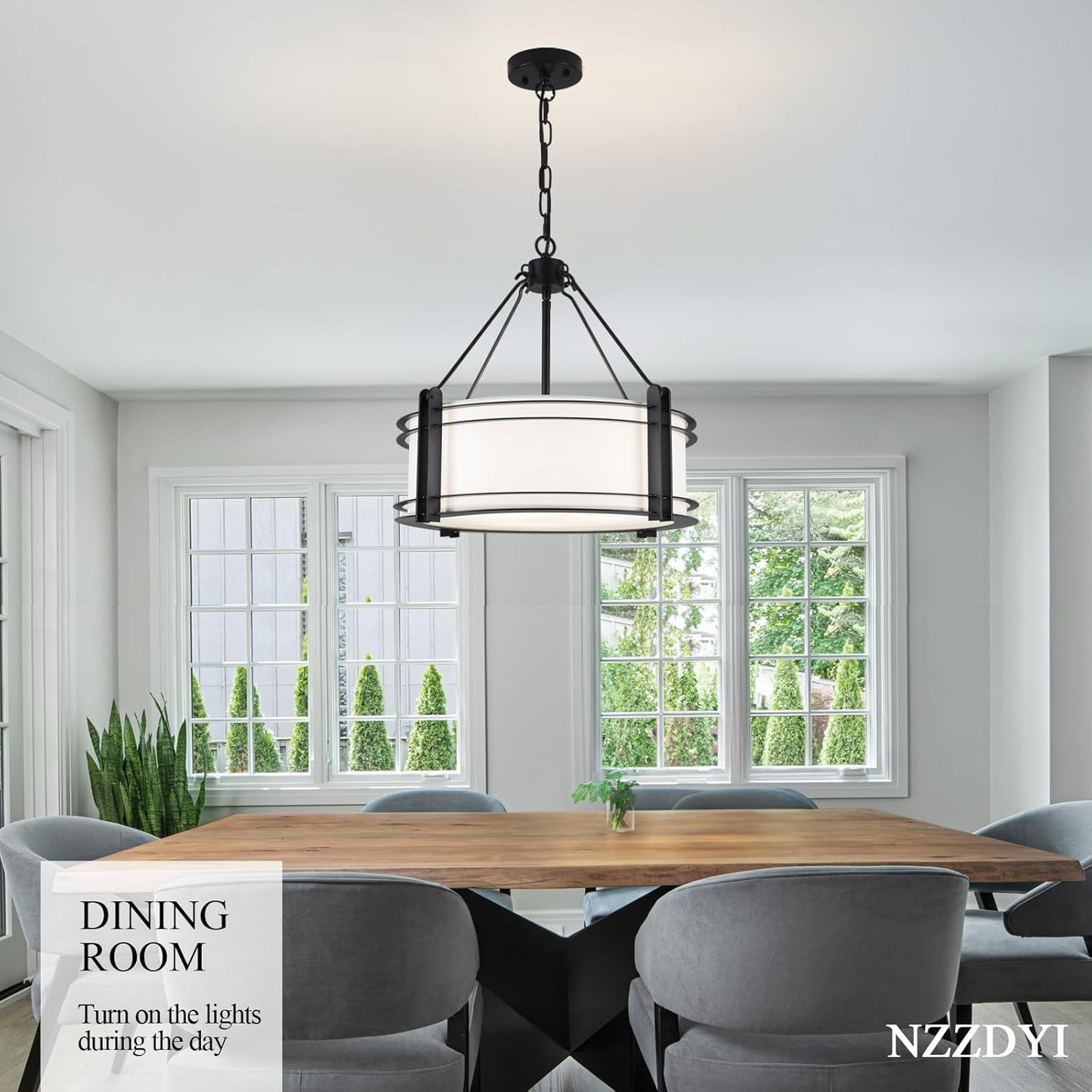 16.3''Black Drum Chandelier 3-Light Modern Farmhouse Chandelier with White Fabric Shade Adjustable Drum Pendant Light Fixture for Dining Room Kitchen Island Hallway Living Bedroom