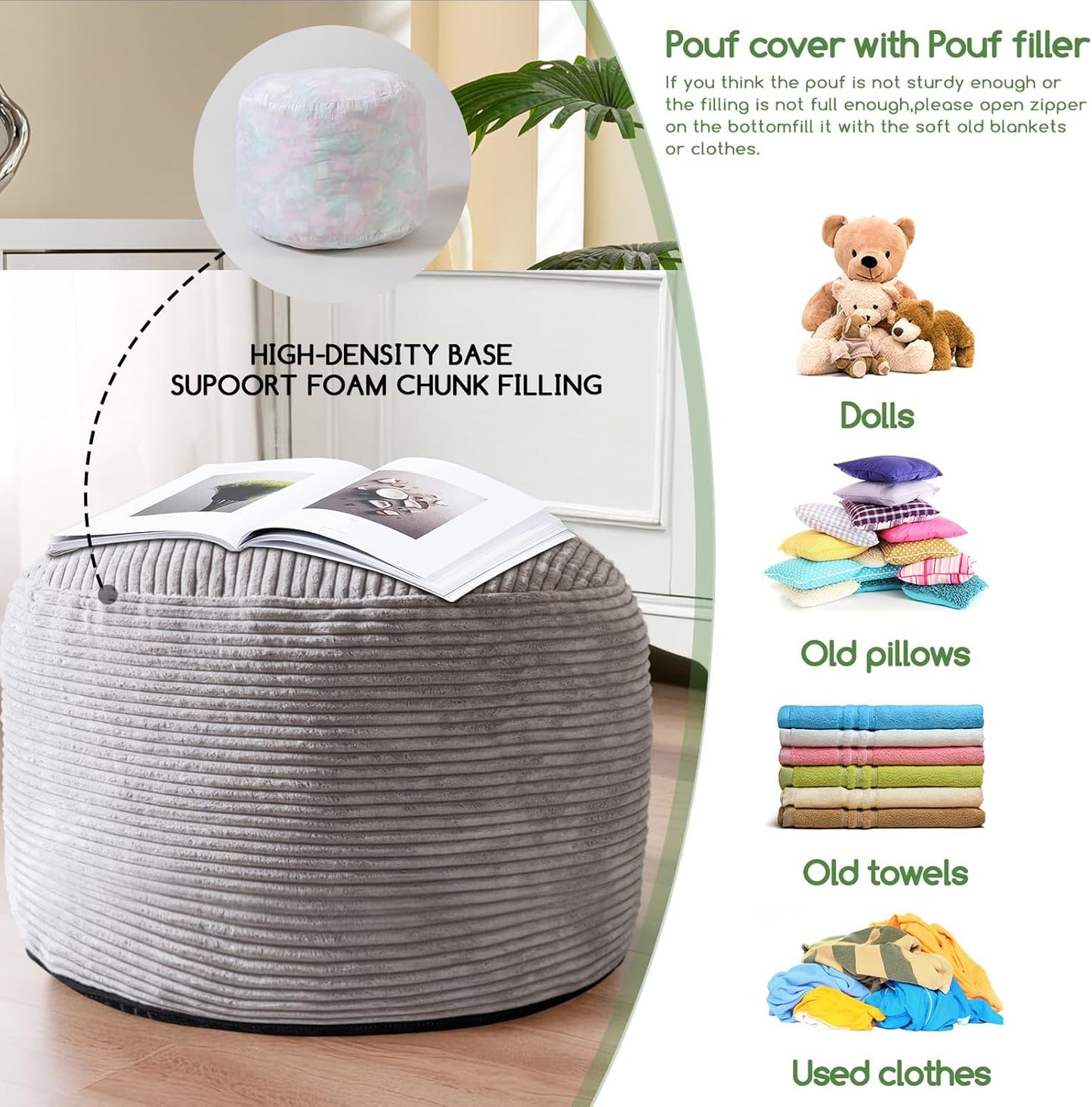 HIGOGOGO Round Stuffed Pouf Ottoman, Corduroy Poufs with Foam Chunk Filling, Furry and Fluffy Pouf Foot Stool Storage Ottoman, 20 X 15 Floor Poufs Foot Rest for Living Room, Grey