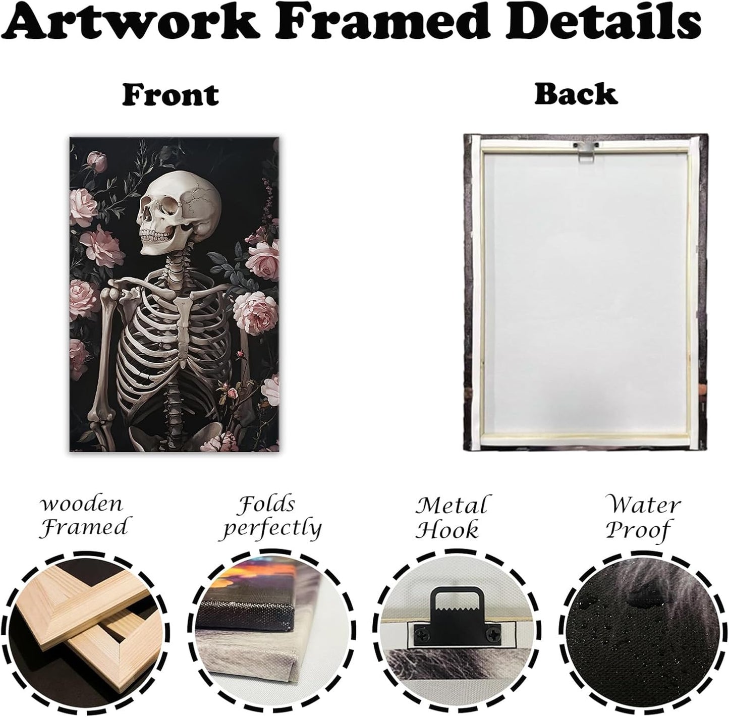 OAAPITI Skull Floral Wall Art Vintage Skeleton Portrait Canvas Print Dark Gothic Skull Art for Living Room Bedroom Home Wall Decor Ready to Hang(Artwork-10,28"x42")