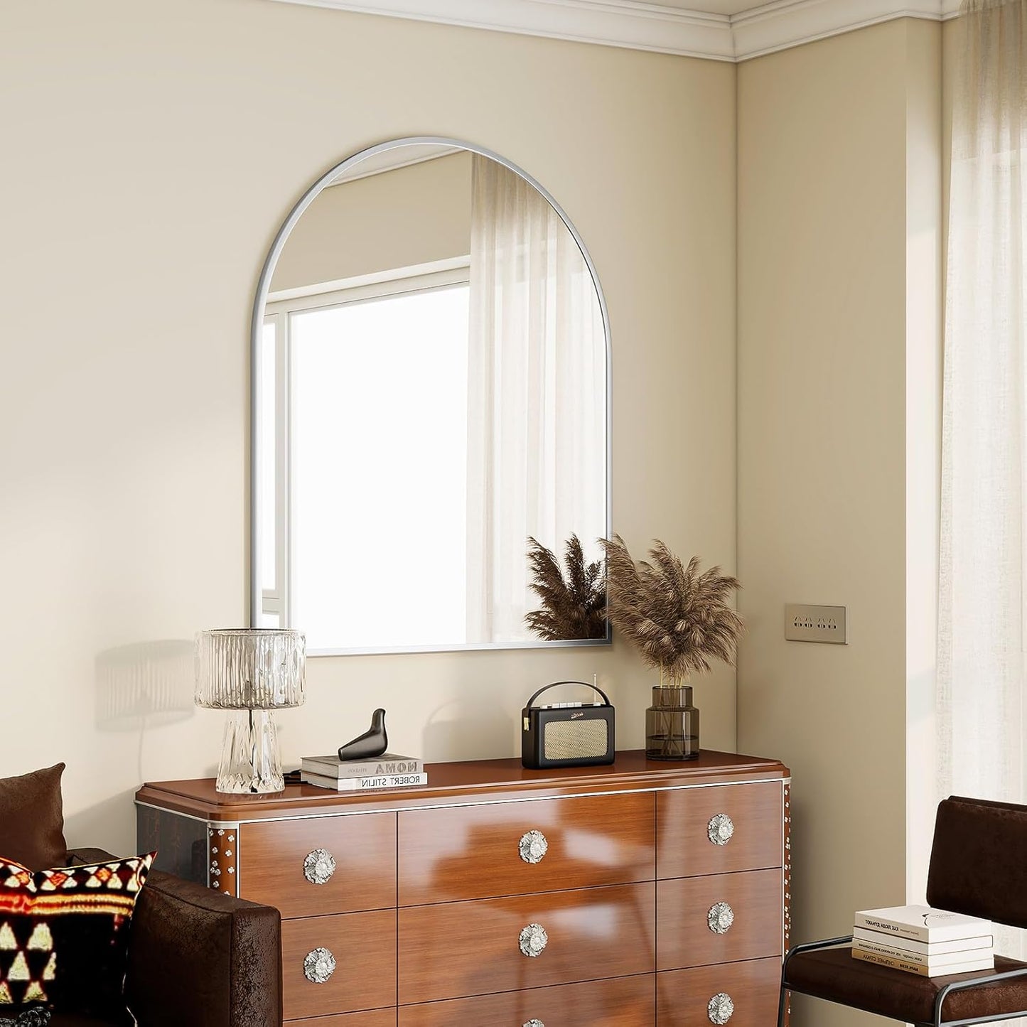 BEAUTYPEAK 36"x48" Arch Bathroom Mirror, Wall Mounted Vanity Metal Frame Mirror for Bedroom, Entryway, Living Room, Silver