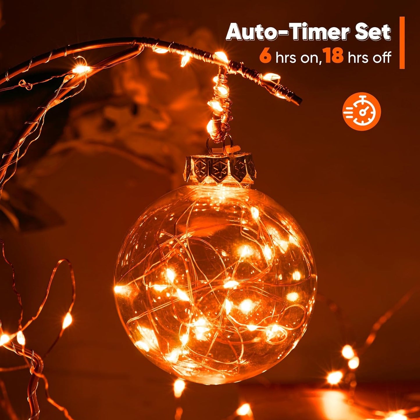 4 Pack 65.6 Ft. Battery Operated Outdoor String Lights with Remote & Timer, LED Orange Fairy Lights, Waterproof Twinkle Lights for Bedroom, Dorm, Mason Jar, Wedding, Party, Christmas