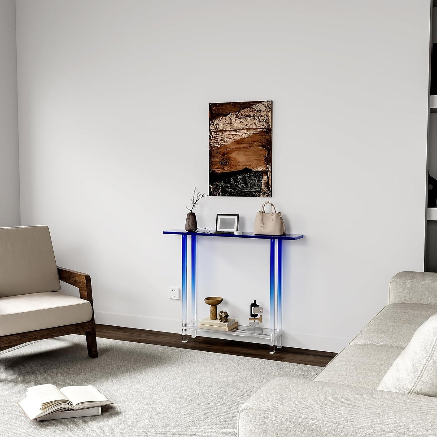HMYHUM Narrow Acrylic Console Table, with Transparent Gradient Blue Square Legs, 7.6" Width, 2-Tier Clear Entryway Table for Hallway, Foyer, Sofa, Living Room, 39.4" L x 31.5" H