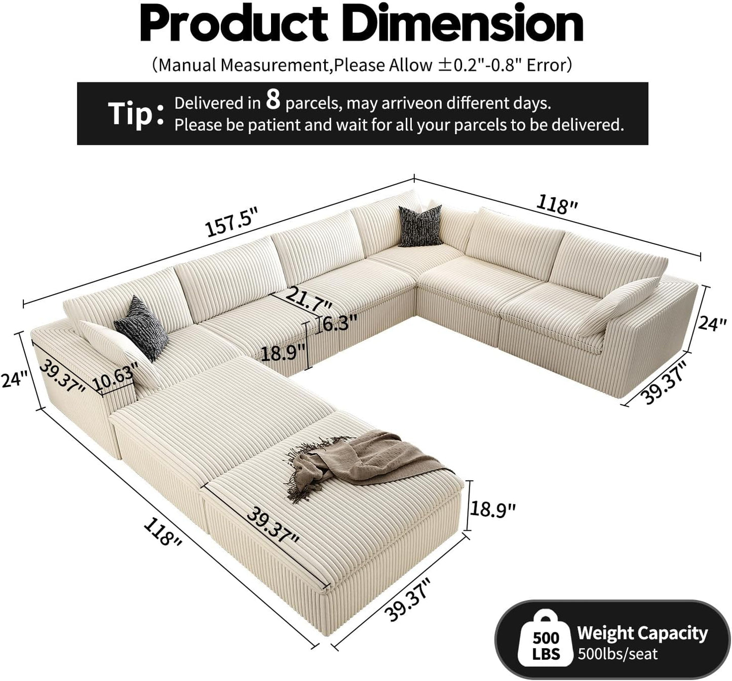 157.5" Cloud Couch Oversized Modular Sectional Sofa for Living Room,Modern Sofa with Deep Seat,8 Seater Boneless Couch with 2 Ottoman,Comfy Upholstered Couches for Apartment, Studio, Office,White