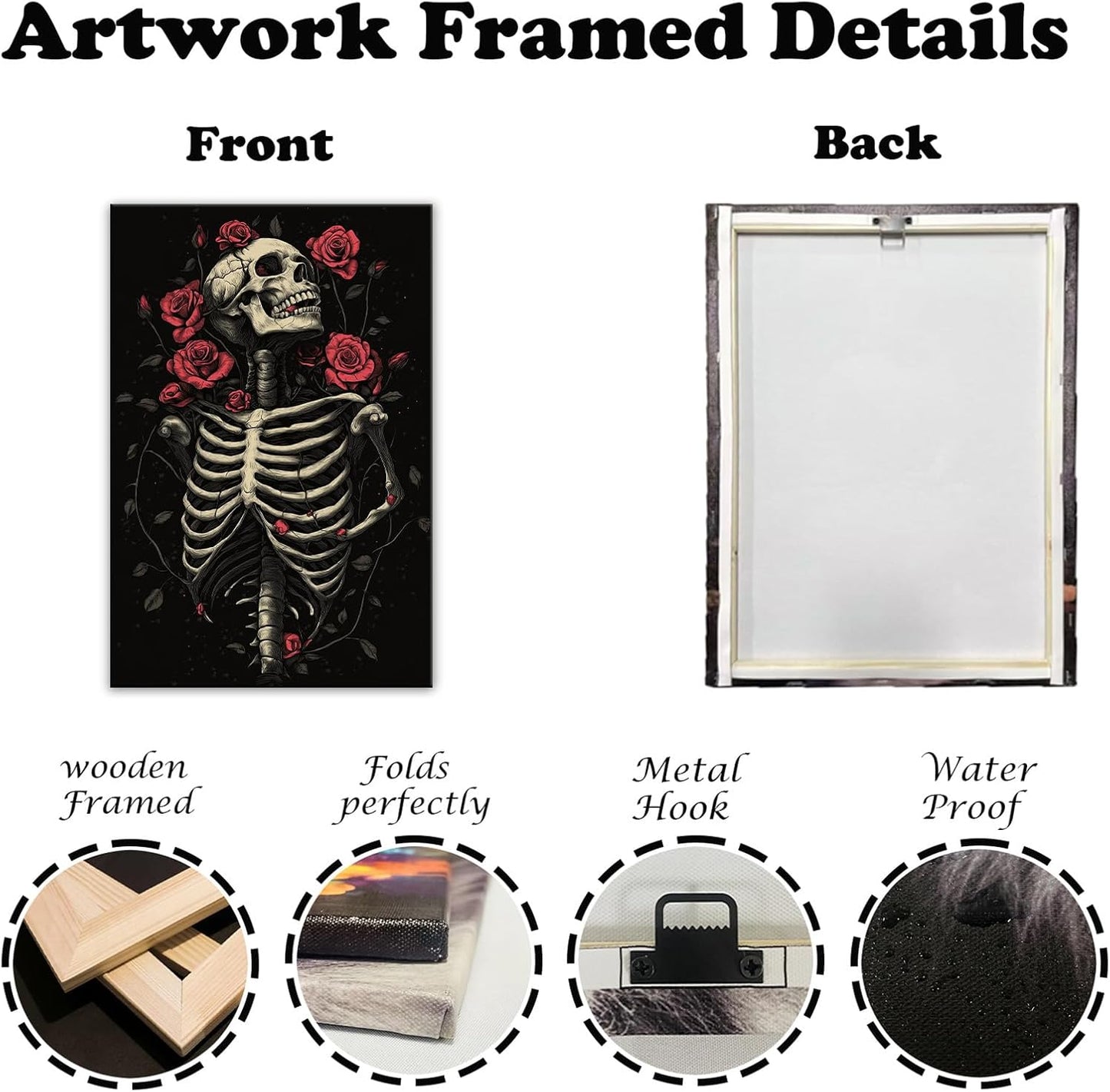 OAAPITI Gothic Skull Wall Art Skeleton and Roses Canvas Pictures Print Vibrant Dark Art Decor for Bedroom Living Room Bathroom(Artwork-6,28"x42")