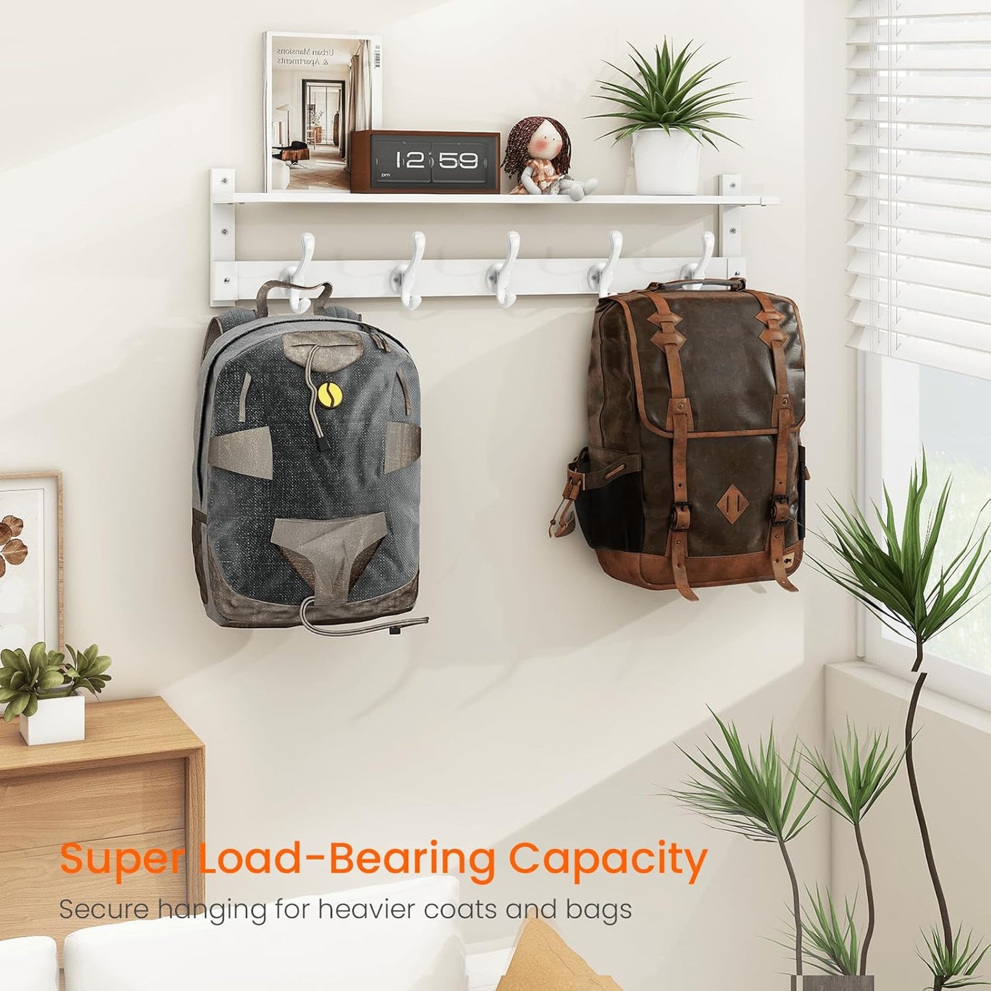 Homode Coat Rack With Wall Shelf, 29" Wooden Entryway Floating Shelf With Hooks Underneath, Hanging Coat Hanger for Bathroom, Living Room, Bedroom, Hallway, White