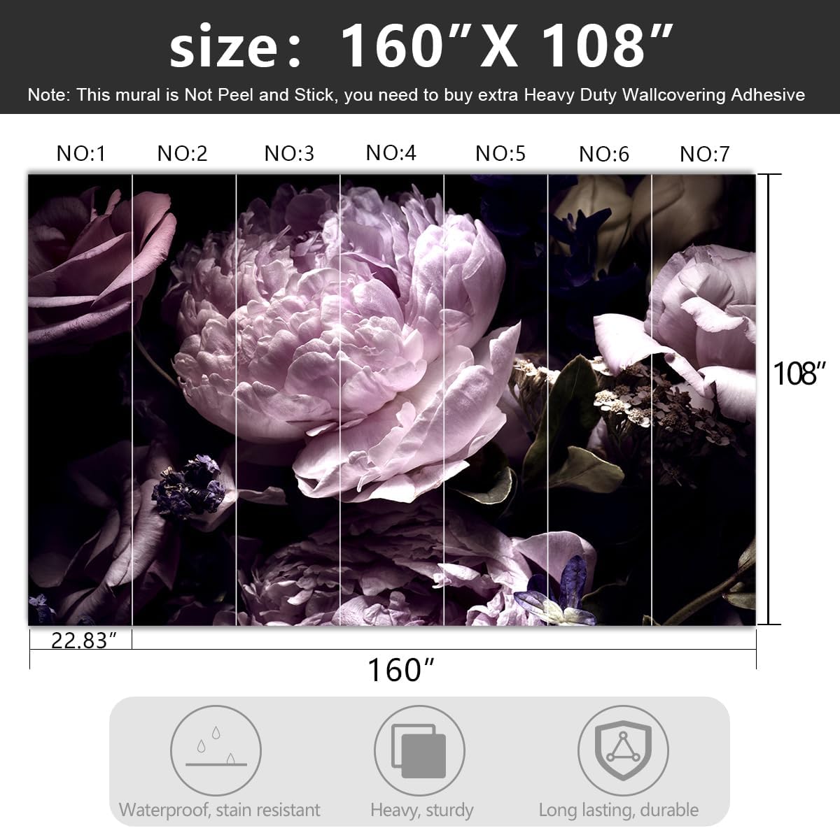 -Black Peony Purple Floral Botanical Fabric Wallpaper Living Room Bedroom Bathroom Dark Flowers Large Wall Mural- 160"x108"( not Peel and Stick)