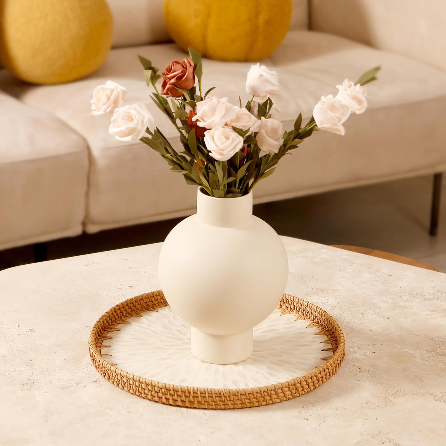 Round Rattan Tray with Mother of Pearl Inlay & Wooden Base - Decorative Wicker Serving Tray for Coffee/Bread/Fruits, Food Storage & Display - Multipurpose Home Decor (M,White Leaves)