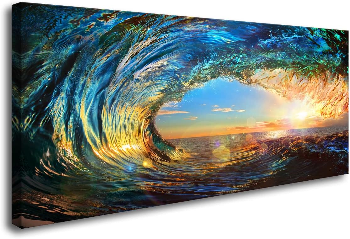 Cao Gen Decor Art S06775 Giant Wave Water Wall Art Canvas Prints 1 Panels Ocean Waves Pictures Paintings with Sunset Blue Seascape Framed for Living Room Bedroom Kicthen Office Artwork