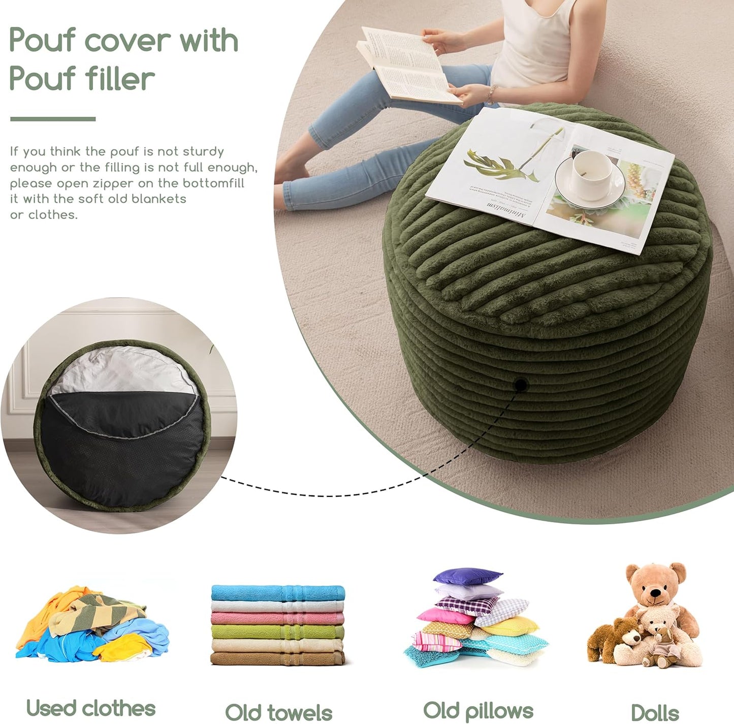 HIGOGOGO Round Stuffed Pouf Ottoman, Corduroy Poufs with High-Density Foam Filling, Furry and Fluffy Pouf Foot Stool Storage Ottoman, 20 X 15 Floor Poufs Foot Rest for Living Room, Green