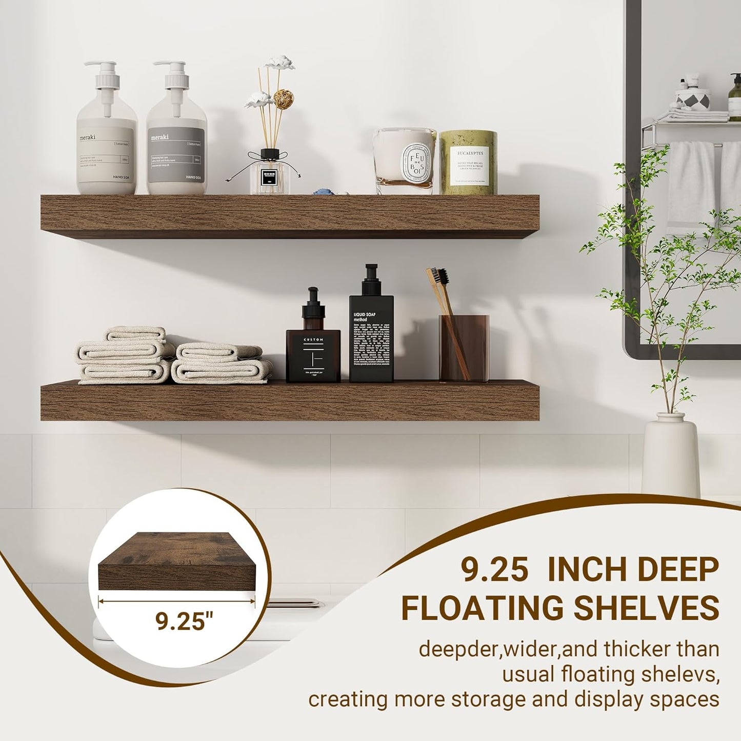 24 Inch Floating Shelves, 24"x9.25"x1.5" Inch Deep Floating Shelves for Wall, Wooden Shelves for Bathroom, Bedroom, Living Room, Walnut