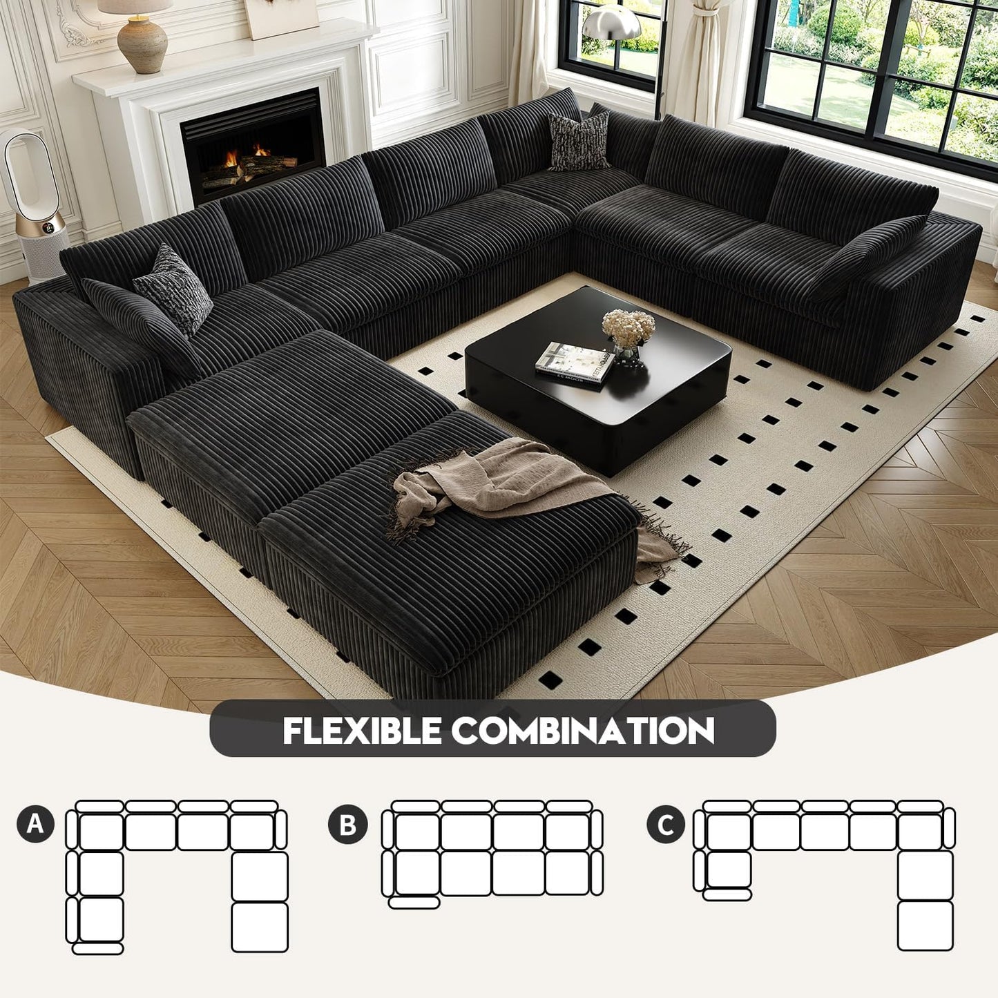 157.5" Cloud Couch Oversized Modular Sectional Sofa for Living Room,Modern Sofa with Deep Seat,8 Seater Boneless Couch with 2 Ottoman,Comfy Upholstered Couches for Apartment, Studio, Office,Black