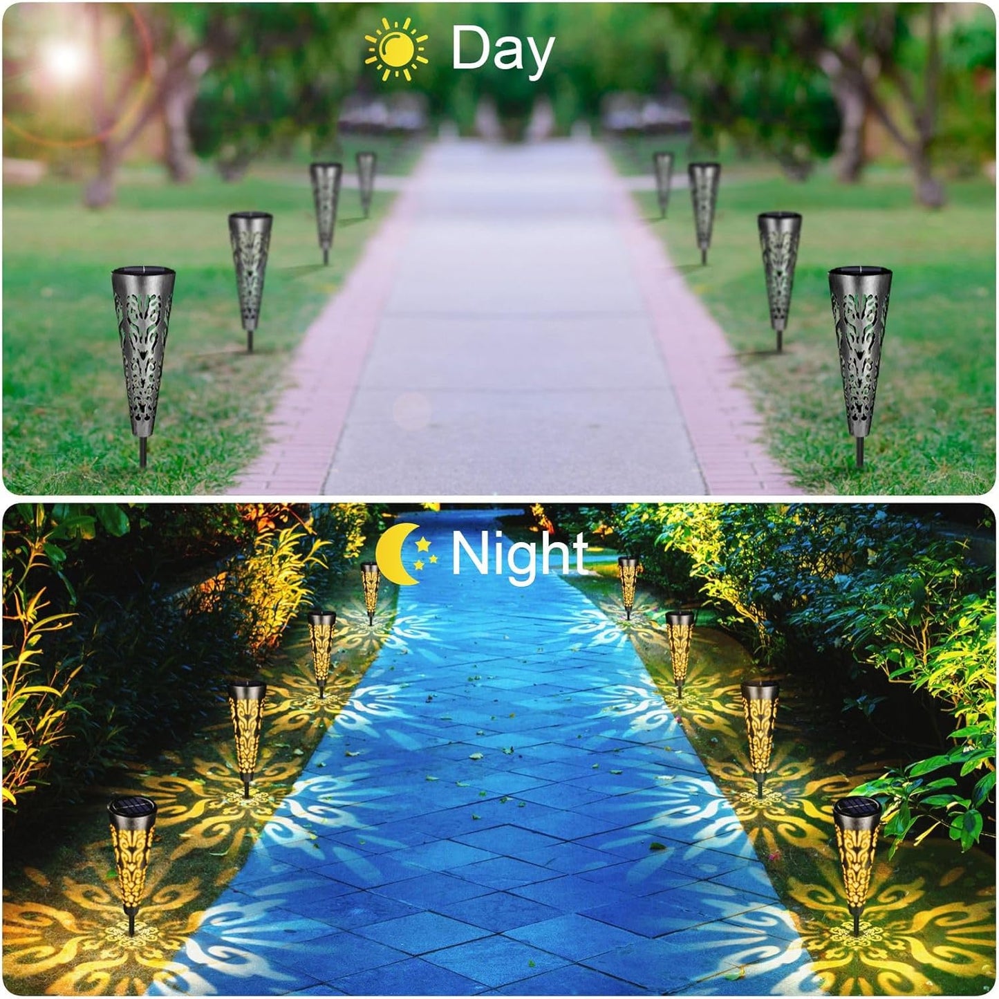 pearlstar Solar Lights Outdoor Garden Decorative Pathway Lights Waterproof Unique LED Solar Stake Lights for Patio Yard Walkway Driveway Landscape Decor, Conical, Warm Lights, Black-6pack