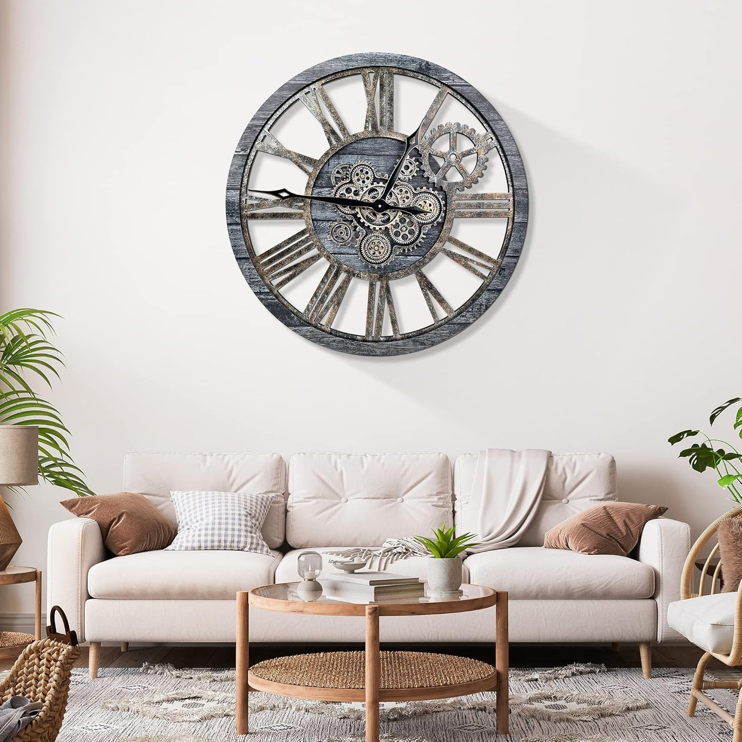 HOIBAI Large Wall Clock, Wall Clocks for Living Room Decor 36 Inch Farmhouse Vintage Rustic Kitchen Wall Decor Vintage Roman Oversized Wall Clock for Home Bedroom House, Moving Gears Clock