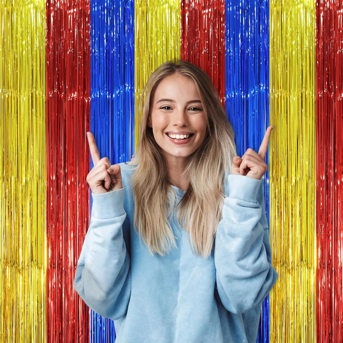 3 Pack 3.3 x 8.2 ft Blue Red Gold Foil Fringe Backdrop Curtains, Tinsel Streamers Party Decorations, Fringe Backdrop, Door Shimmer for Birthday Party