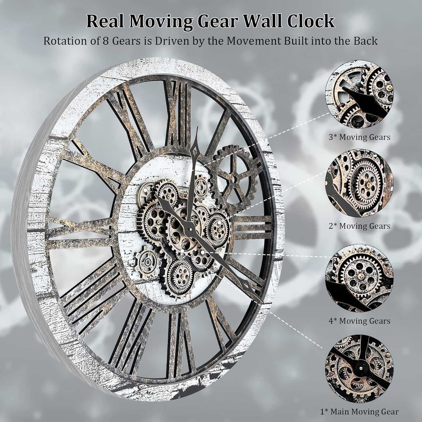 HOIBAI Large Wall Clock Clocks for Living Room Decor Oversized 30 Inch Wall Decor Farmhouse Vintage Rustic Industrial Roman Big Chic Home Decor Wall Clock for House Bedroom, Moving Gears Clock