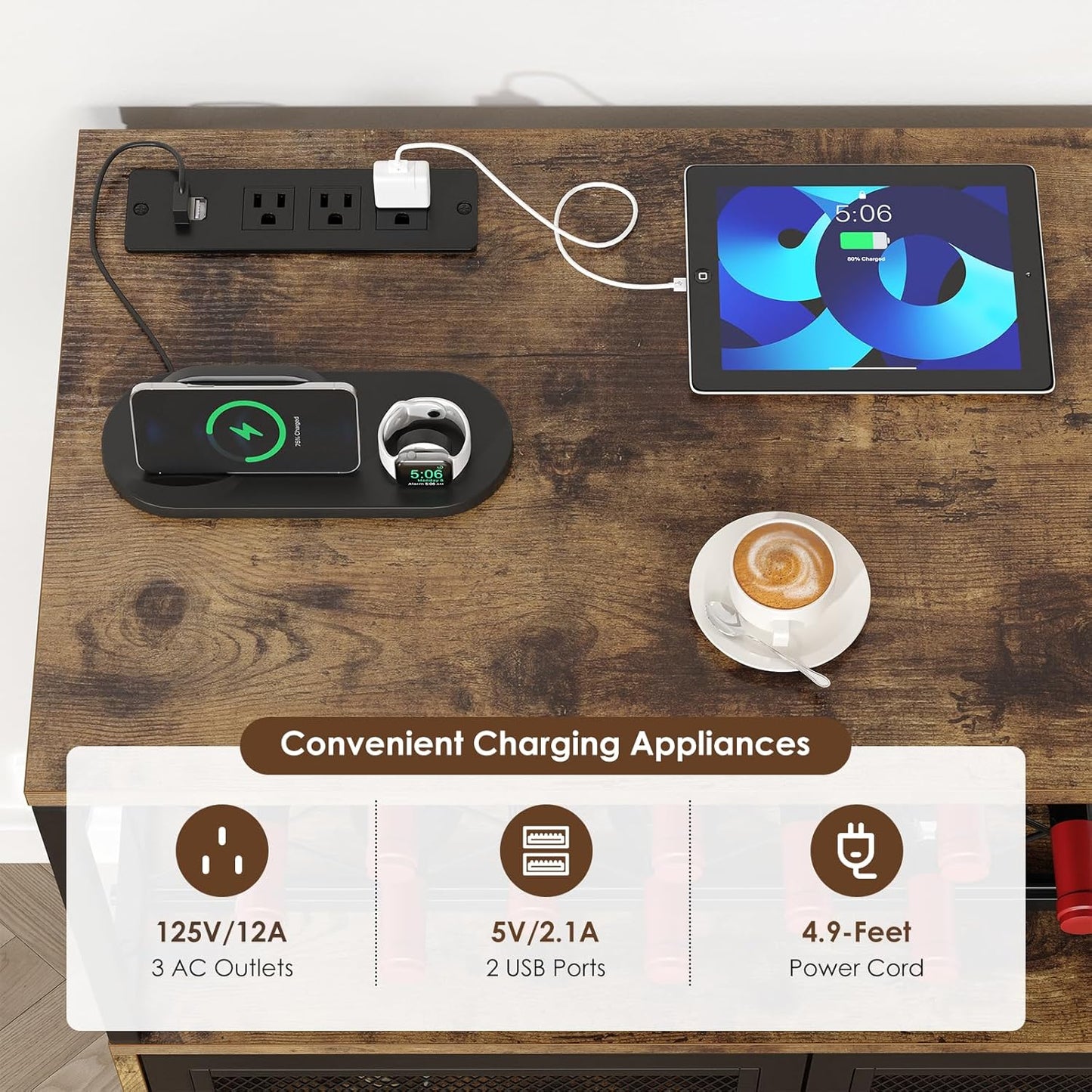 Wine Bar Cabinet with Wheels, 4-Tier Bar Cart with Power Outlets and LED Light, Liquor Cabinet Home Mini Bar with Wine Rack, Coffee Bar Cabinet for Liquor, Rustic Brown