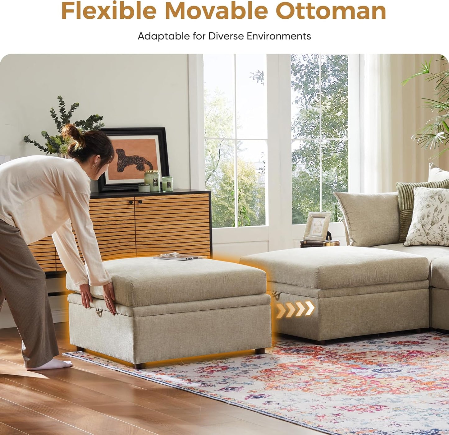 166.6" Oversized Modular Sectional Sofa, U Shaped Convertible Couch with Movable Ottoman, Large 8 Seat Corner Couches for Living Room Deep Seat Beige Chenille