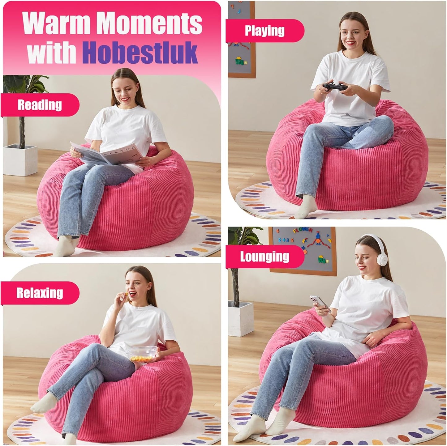 Hobestluk 3.5FT Bean Bag Chair Adult Bean Bag Chair Large Bean Bag Chair with Filler Included Teardrop Bean Bag with Removable Cover for Bedroom Living Room - (Large, Pink)