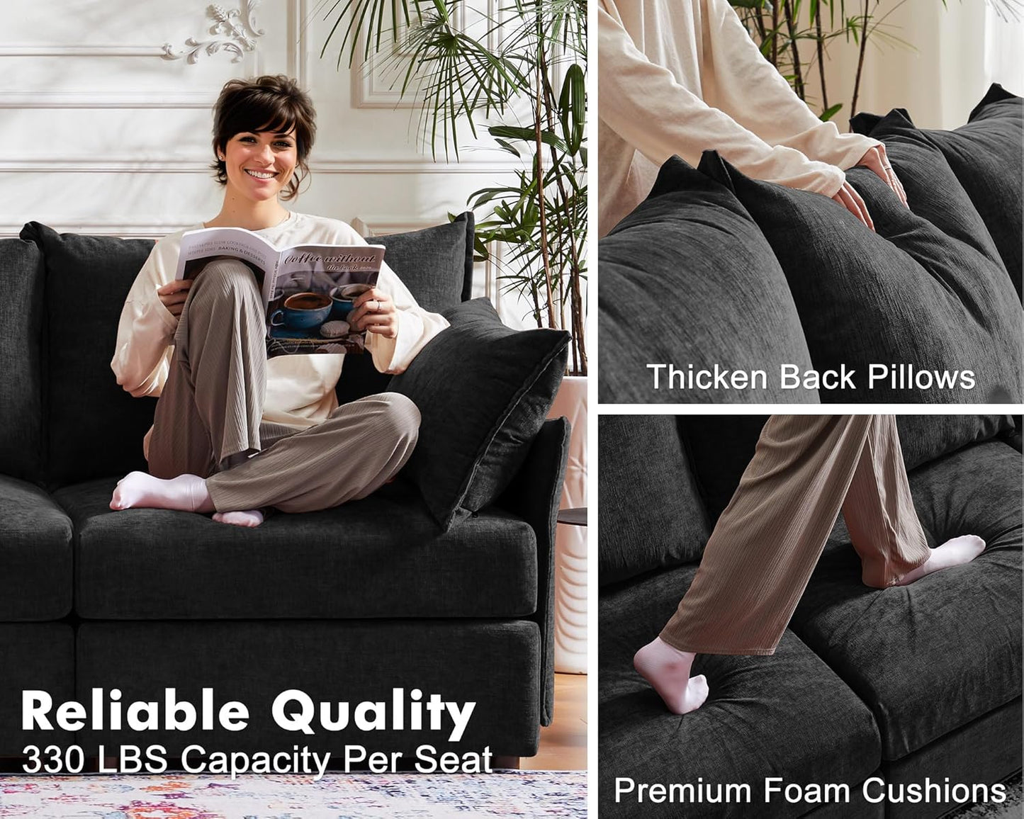 134.6" Oversized Modular Sectional Sofa, 6 Seater U Shaped Couch with Storage Ottoman with Reversible Chaise Deep Seat for Living Room, Apartment - Chenille Black