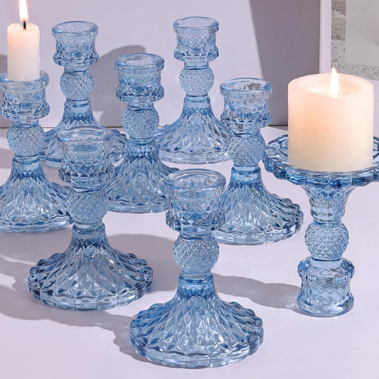12Pcs 4" H Aqua Blue Candlestick Holders Set- Taper Candle Holders Bulk, Glass Candle Holders for Wedding, Party, Romantic Dinner Table Centerpieces, Festival Gifts & Windowsill Decor