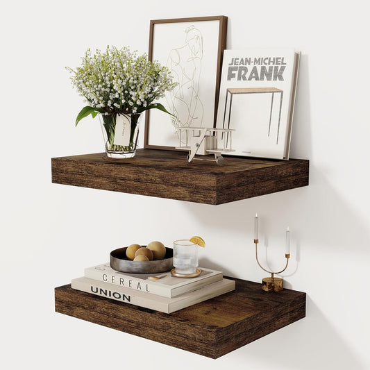 12 Inch Deep Floating Shelves, 16 x 12 Floating Shelf for Books, Rustic Wood Deep Wall Shelves for Home Storage & Display, 2" Thicked Shelves for Kitchen, Living Room, Bedroom, Rustic Brown, 2 Pack
